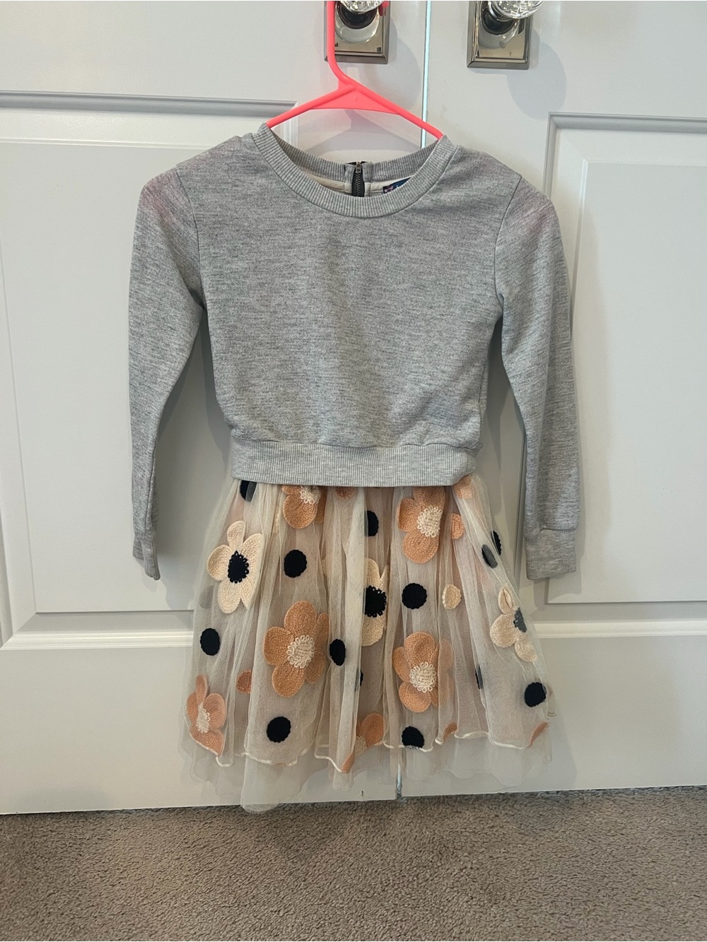 Truly Me Grey Sweatshirt Dress with Cream & Tan Floral Tulle Skirt